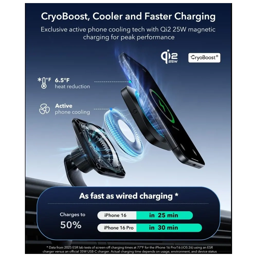 Uchwyt samochodowy do kratki z ładowarką bezprzewodową ESR OmniLock Cryoboost Magnetic MagSafe Vent Car Mount Wireless Charger Qi2.2 25W Black