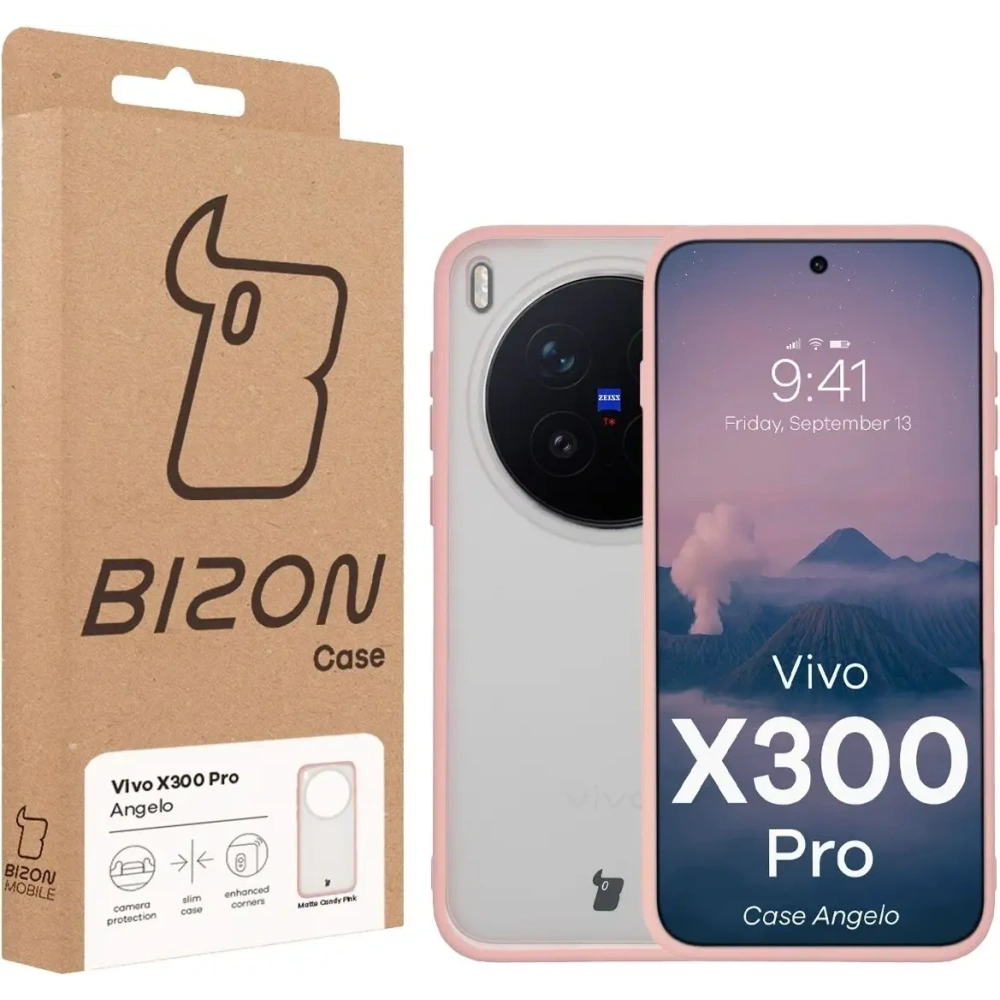 Etui Bizon Case Angelo do Vivo X300 Pro półprzezroczyste z jasnoróżową ramką