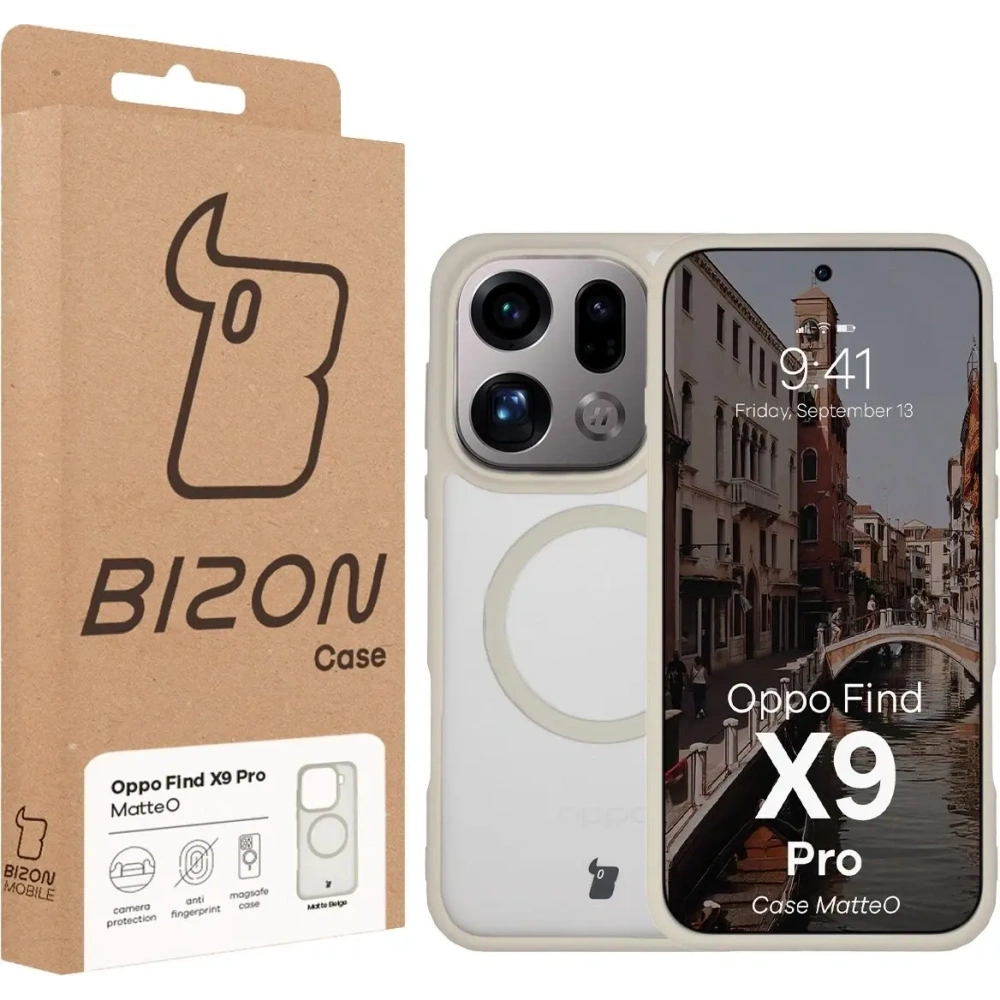 Etui z pierścieniem magnetycznym Bizon Case MatteO do Oppo Find X9 Pro przydymione-beżowe