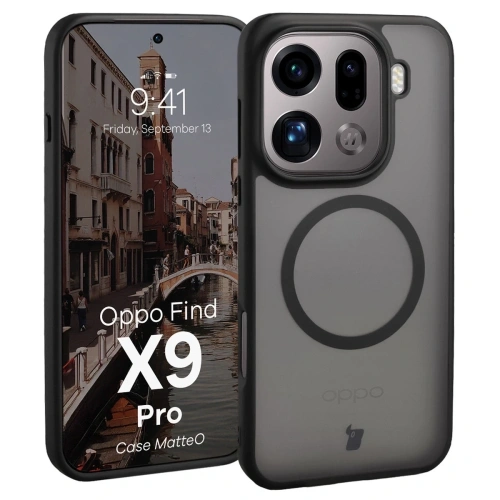 Etui z pierścieniem magnetycznym Bizon Case MatteO do Oppo Find X9 Pro przydymione-czarne