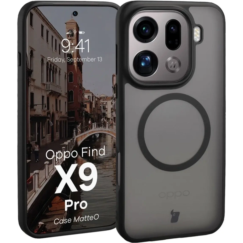 Etui z pierścieniem magnetycznym Bizon Case MatteO do Oppo Find X9 Pro przydymione-czarne