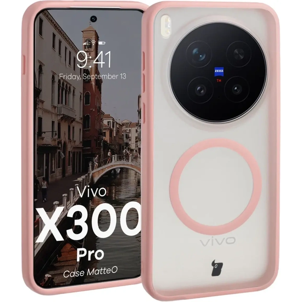 Etui z pierścieniem magnetycznym Bizon Case MatteO do Vivo X300 Pro przydymione-jasnoróżowe
