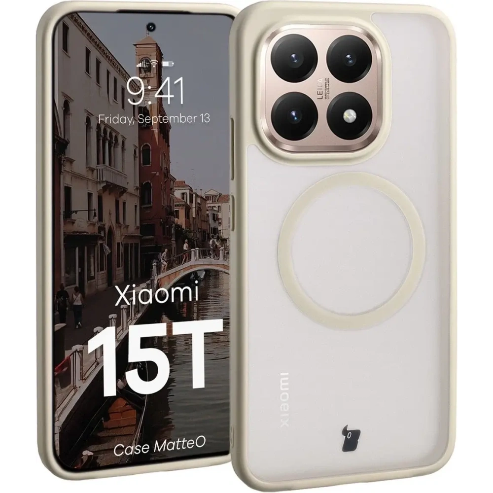 Etui z pierścieniem magnetycznym Bizon Case MatteO do Xiaomi 15T przydymione-beżowe