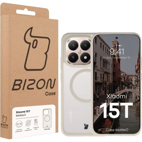 Etui z pierścieniem magnetycznym Bizon Case MatteO do Xiaomi 15T przydymione-beżowe