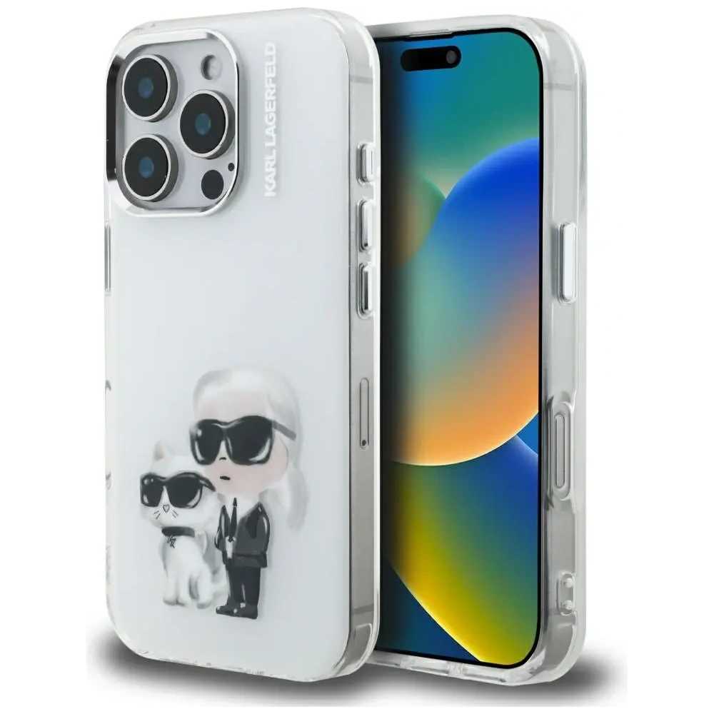 Etui Karl Lagerfeld IML Aquarelle Karl & Choupette & Logo do Apple iPhone 16 Pro biały