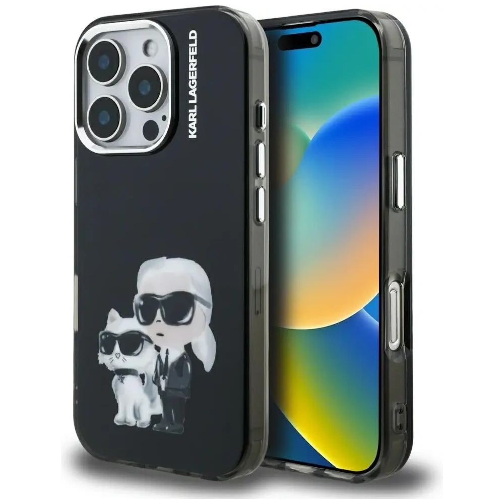 Etui Karl Lagerfeld IML Aquarelle Karl & Choupette & Logo do Apple iPhone 16 Pro czarny