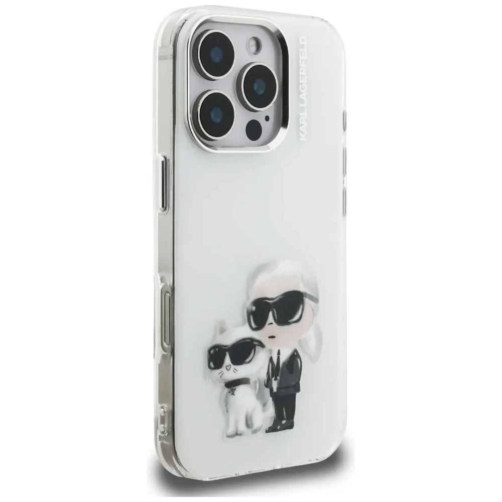 Etui Karl Lagerfeld IML Aquarelle Karl & Choupette & Logo do Apple iPhone 16 Pro Max biały