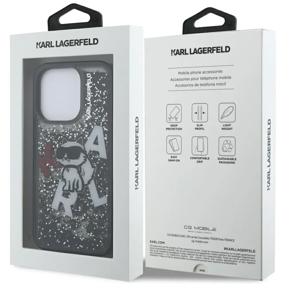 Etui Karl Lagerfeld Liquid Glitter Choupette Logo do Apple iPhone 16 Pro Max czarny