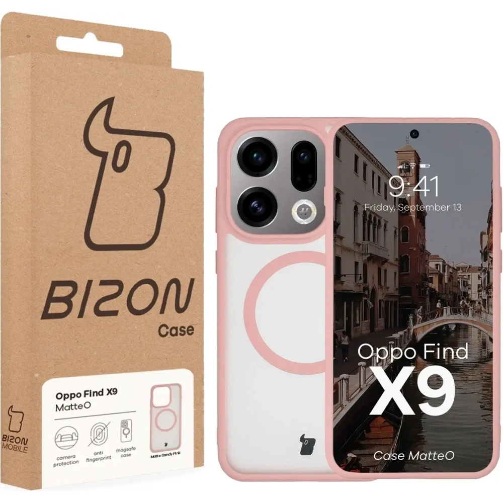 Etui z pierścieniem magnetycznym Bizon Case MatteO do Oppo Find X9 przydymione-jasnoróżowe