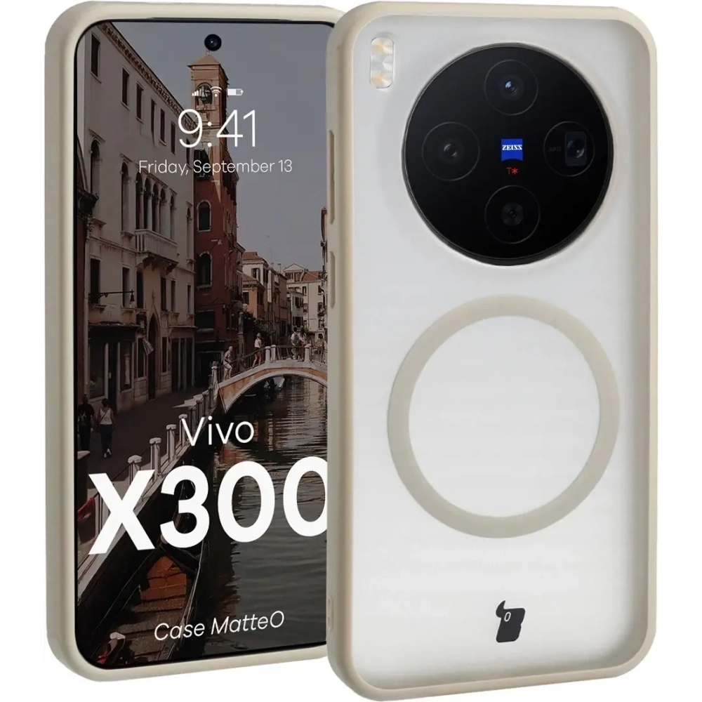 Etui z pierścieniem magnetycznym Bizon Case MatteO do Vivo X300 przydymione-beżowe