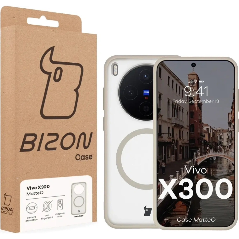Etui z pierścieniem magnetycznym Bizon Case MatteO do Vivo X300 przydymione-beżowe