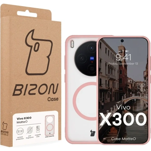 Etui z pierścieniem magnetycznym Bizon Case MatteO do Vivo X300 przydymione-jasnoróżowe