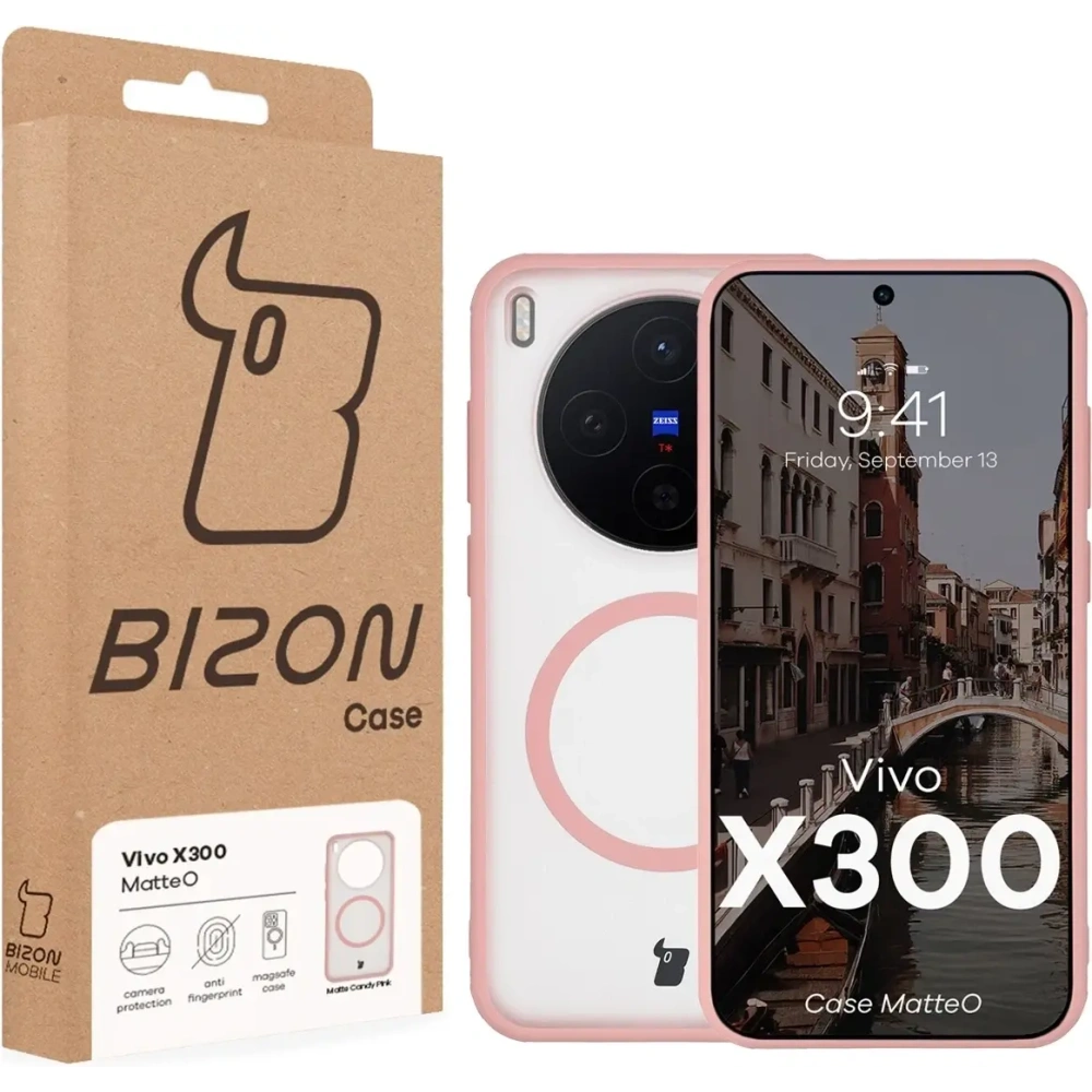 Etui z pierścieniem magnetycznym Bizon Case MatteO do Vivo X300 przydymione-jasnoróżowe