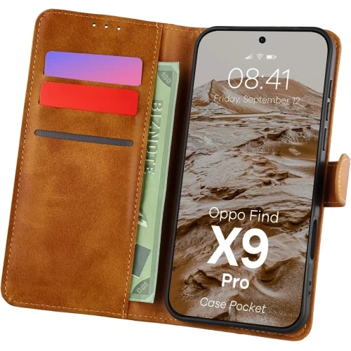 Etui z klapką Bizon Case Pocket do Oppo Find X9 Pro brązowe