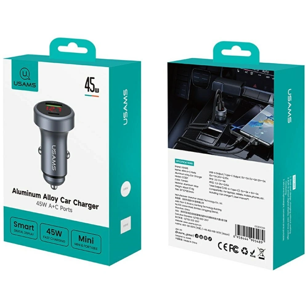 Ładowarka samochodowa USAMS CC327 Aluminium 45W USB-A USB-C tarnish