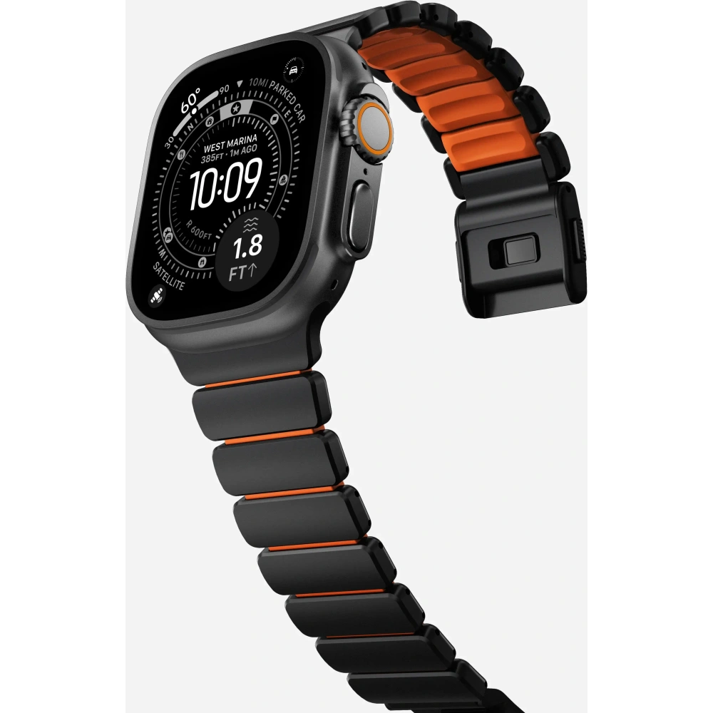 Pasek NOMAD Stratos band tytanowa bransoleta do Apple Watch 49mm z FKM (black titanium, ultra orange FKM)
