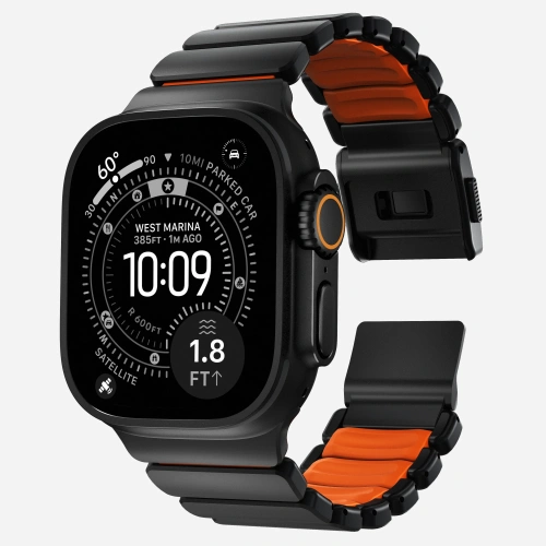 Pasek NOMAD Stratos band tytanowa bransoleta do Apple Watch 49mm z FKM (black titanium, ultra orange FKM)