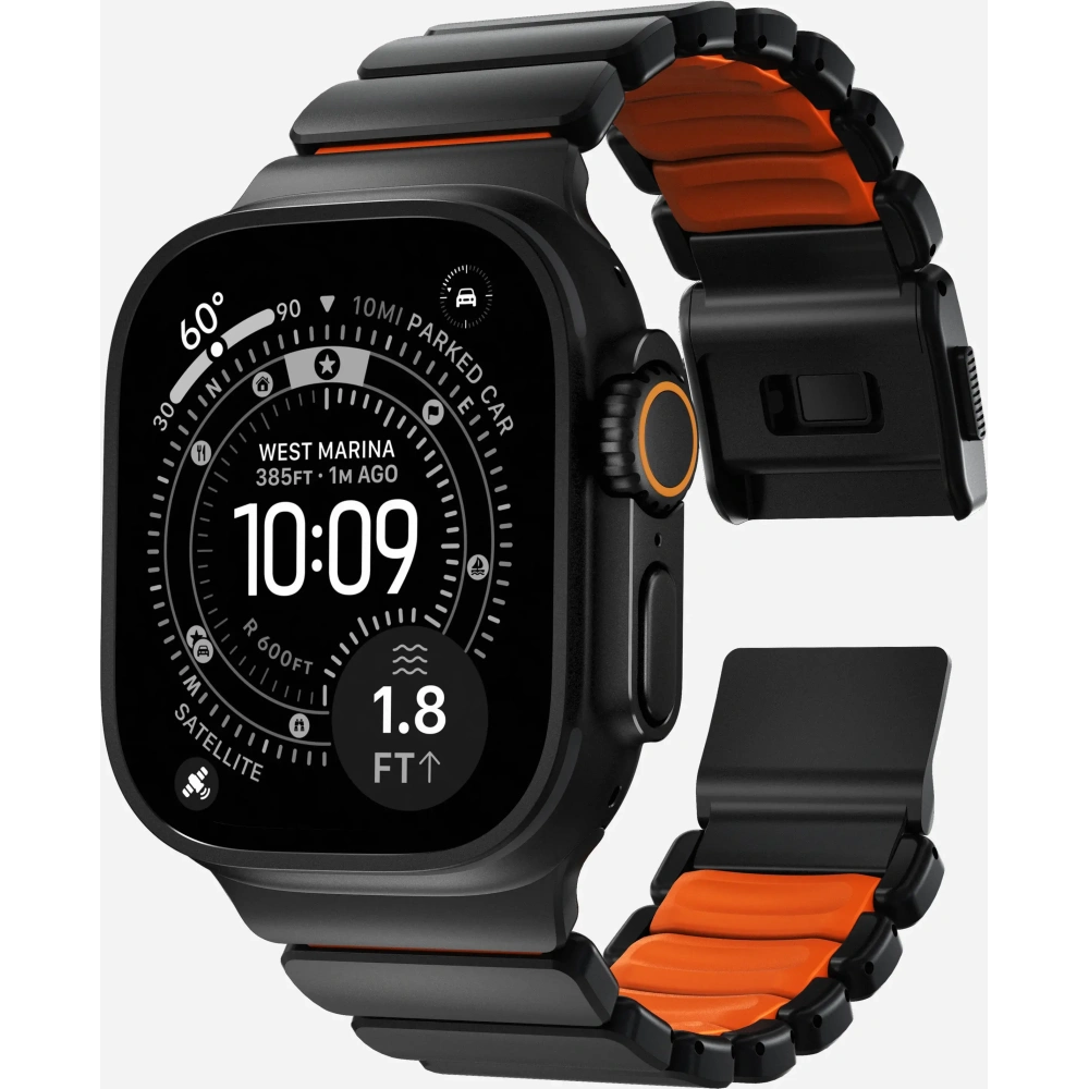 Pasek NOMAD Stratos band tytanowa bransoleta do Apple Watch 49mm z FKM (black titanium, ultra orange FKM)