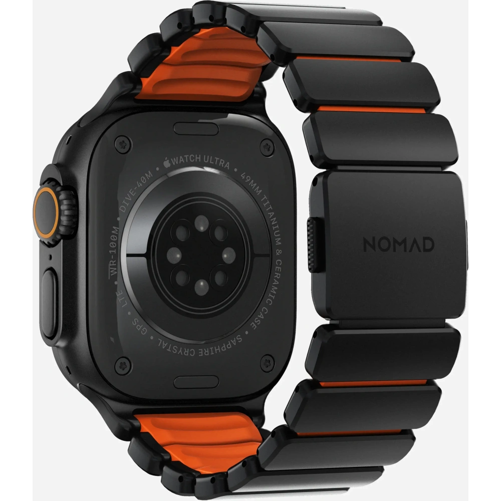 Pasek NOMAD Stratos band tytanowa bransoleta do Apple Watch 49mm z FKM (black titanium, ultra orange FKM)
