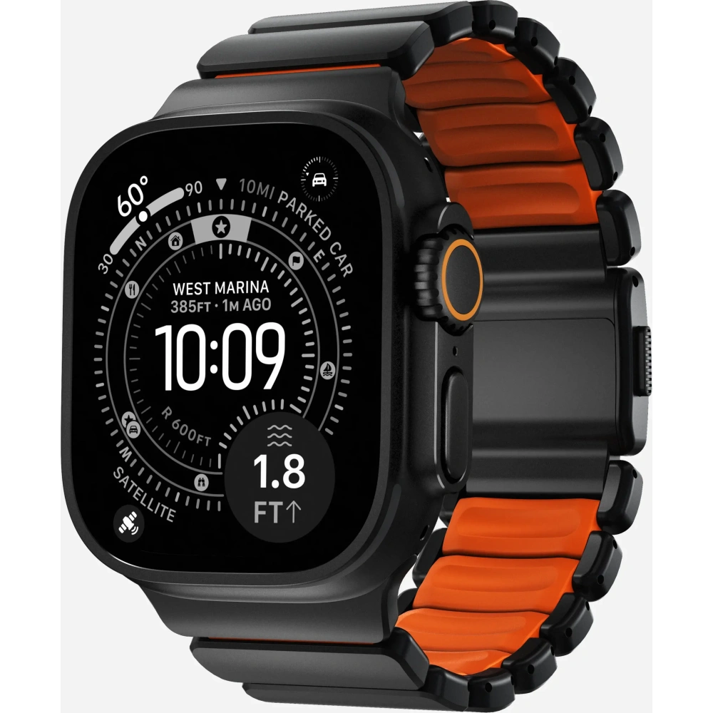 Pasek NOMAD Stratos band tytanowa bransoleta do Apple Watch 49mm z FKM (black titanium, ultra orange FKM)