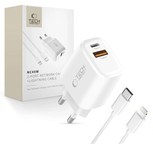 Ładowarka sieciowa Tech-Protect NNC45W-GAN USB-A, USB-C Network Charger PD 45W / QC3.0 + USB-C / Lightning Cable White