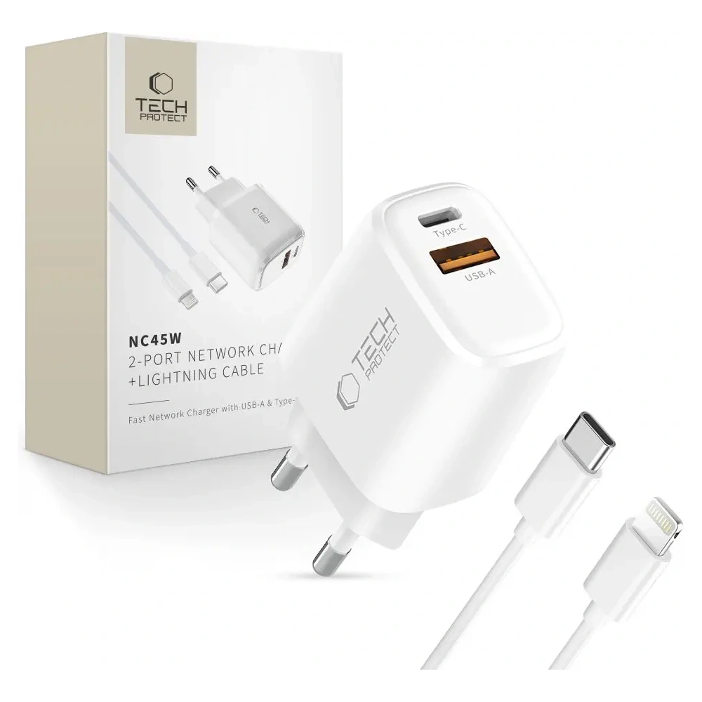 Ładowarka sieciowa Tech-Protect NNC45W-GAN USB-A, USB-C Network Charger PD 45W / QC3.0 + USB-C / Lightning Cable White
