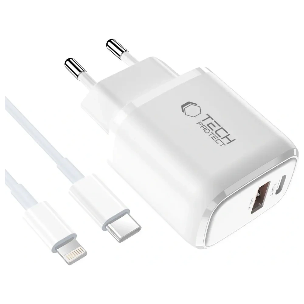 Ładowarka sieciowa Tech-Protect NNC45W-GAN USB-A, USB-C Network Charger PD 45W / QC3.0 + USB-C / Lightning Cable White