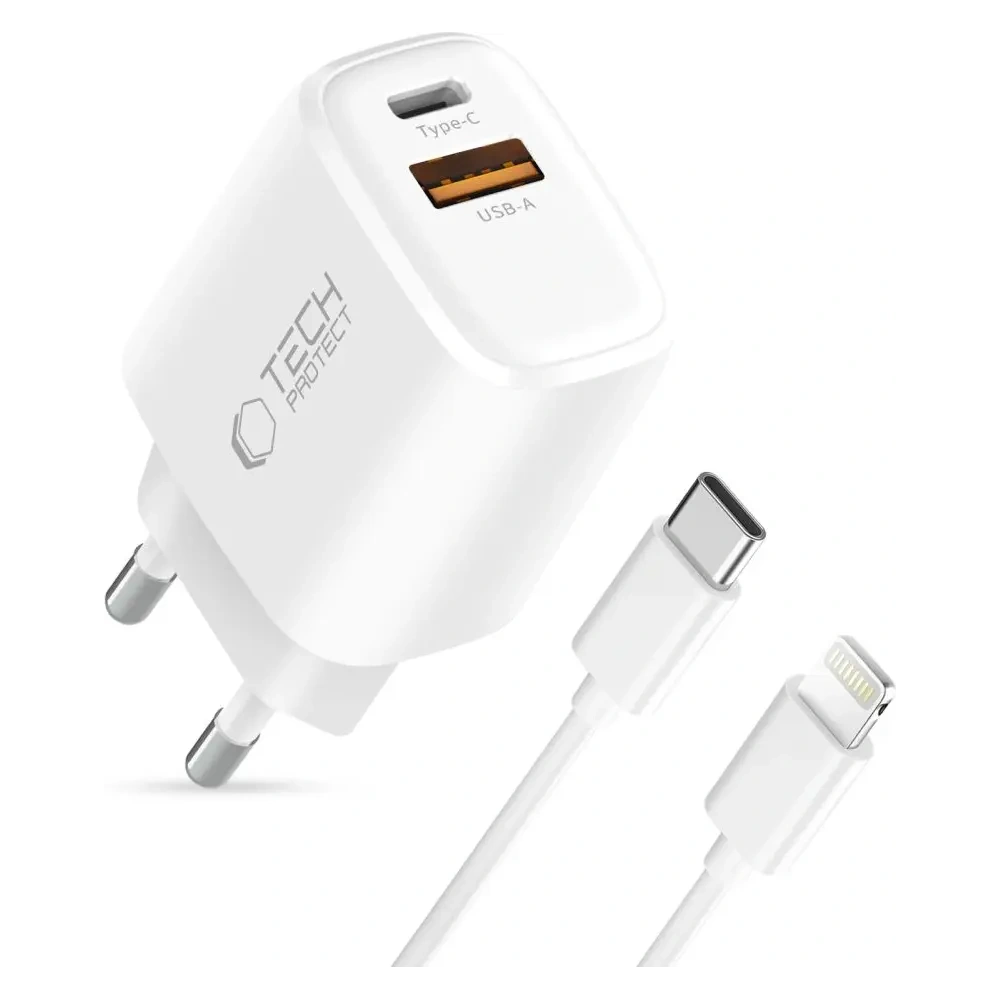 Ładowarka sieciowa Tech-Protect NNC45W-GAN USB-A, USB-C Network Charger PD 45W / QC3.0 + USB-C / Lightning Cable White