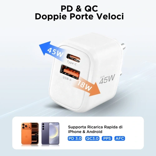 Ładowarka sieciowa Tech-Protect NNC45W-GAN USB-A, USB-C Network Charger PD 45W / QC3.0 + USB-C / Lightning Cable White