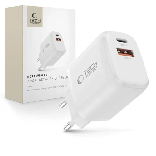 Ładowarka sieciowa Tech-Protect NCA45W-GAN USB-A, USB-C Network Charger PD 45W / QC3.0 White
