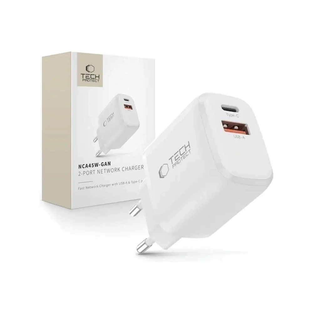 Ładowarka sieciowa Tech-Protect NCA45W-GAN USB-A, USB-C Network Charger PD 45W / QC3.0 White