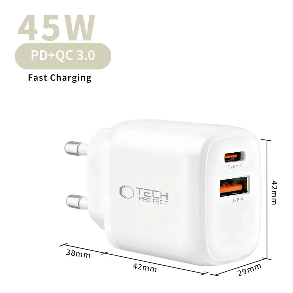 Ładowarka sieciowa Tech-Protect NCA45W-GAN USB-A, USB-C Network Charger PD 45W / QC3.0 White