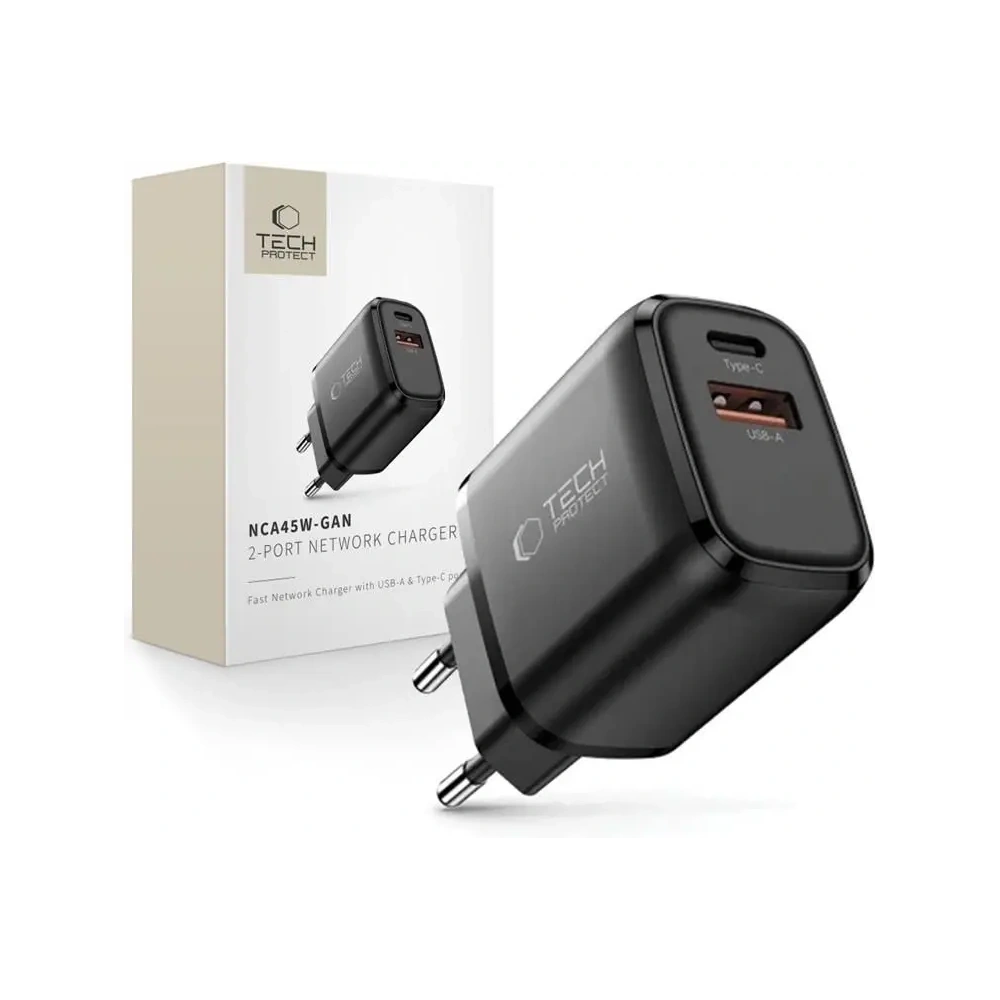 Ładowarka sieciowa Tech-Protect NCA45W-GAN USB-A, USB-C Network Charger PD 45W / QC3.0 Black