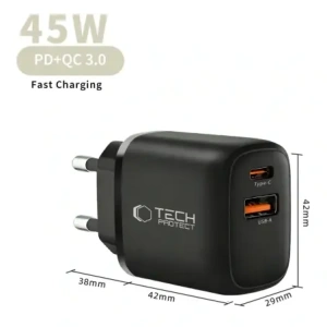 Ładowarka sieciowa Tech-Protect NCA45W-GAN USB-A, USB-C Network Charger PD 45W / QC3.0 Black