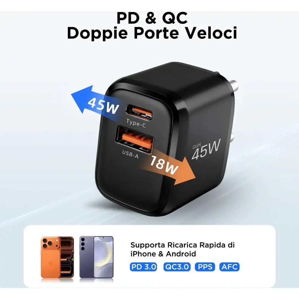 Ładowarka sieciowa Tech-Protect NCA45W-GAN USB-A, USB-C Network Charger PD 45W / QC3.0 Black