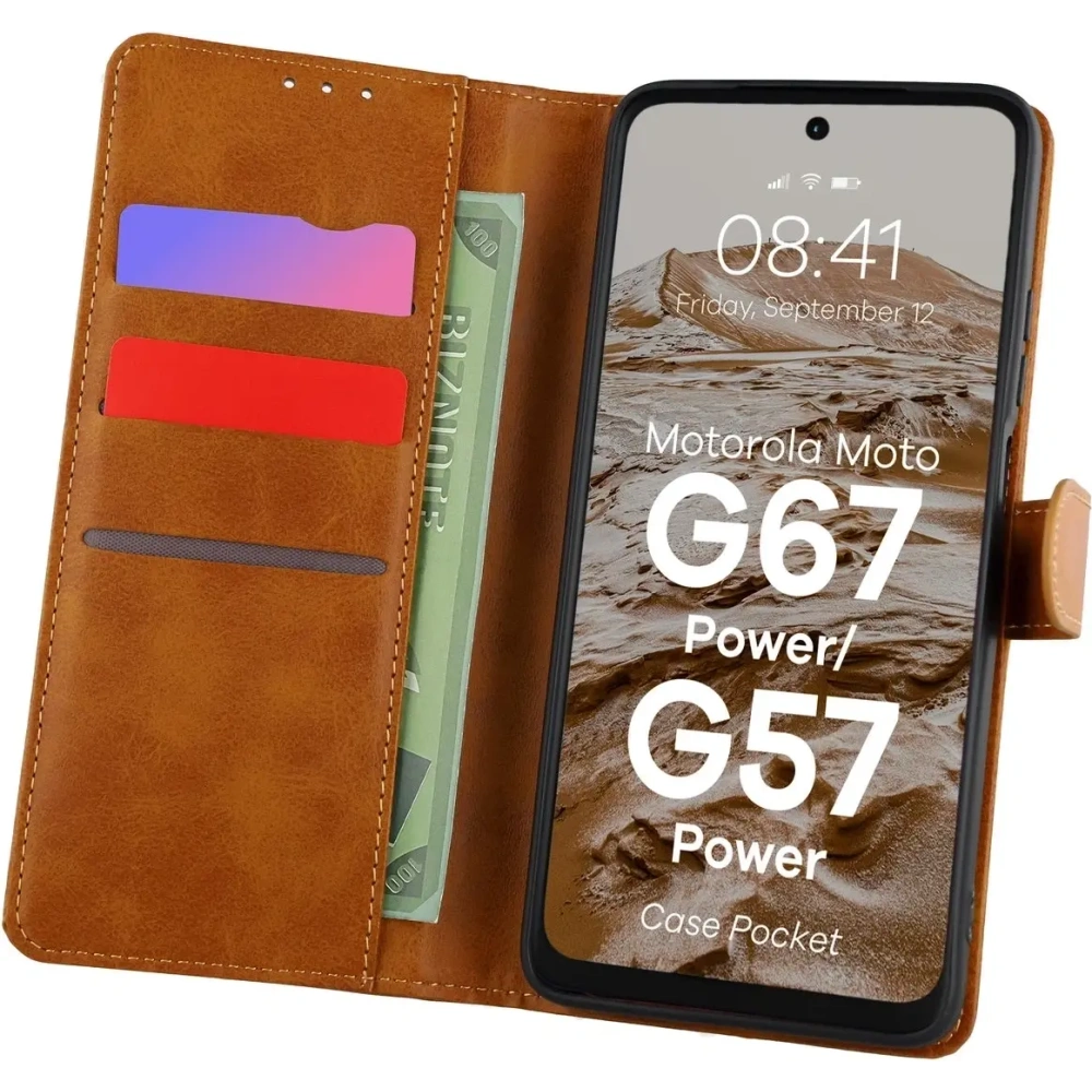 Etui z klapką Bizon Case Pocket do Motorola Moto G57 Power / G67 Power brązowe