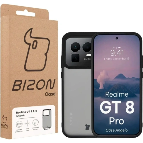 Etui Bizon Case Angelo do Realme GT 8 Pro przydymione z czarną ramką