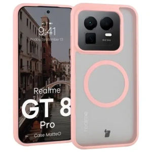 Etui z pierścieniem magnetycznym Bizon Case MatteO do Realme GT 8 Pro przydymione-jasnoróżowe