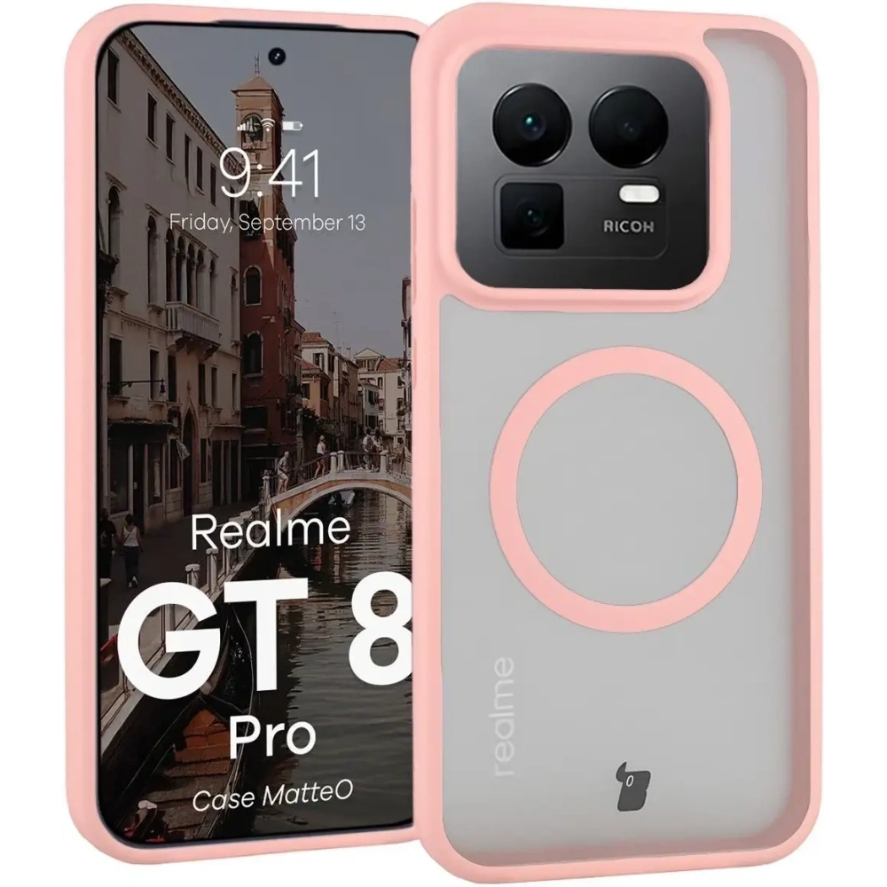 Etui z pierścieniem magnetycznym Bizon Case MatteO do Realme GT 8 Pro przydymione-jasnoróżowe