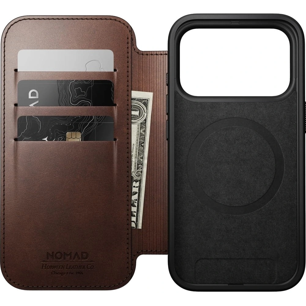 Skórzane etui NOMAD Modern Leather Folio do Apple iPhone 17 Pro kompatybilne z MagSafe, skóra Horween (rustic brown)