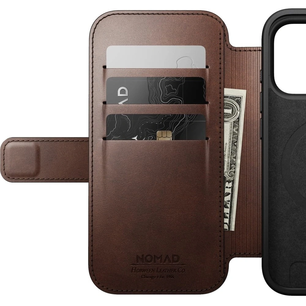 Skórzane etui NOMAD Modern Leather Folio do Apple iPhone 17 Pro kompatybilne z MagSafe, skóra Horween (rustic brown)