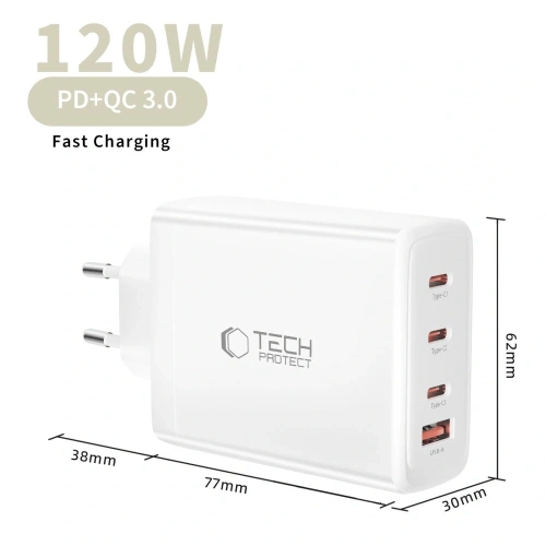 Ładowarka sieciowa Tech-Protect NC120W-GAN 4-port Network Charger PD 120W / QC3.0 White