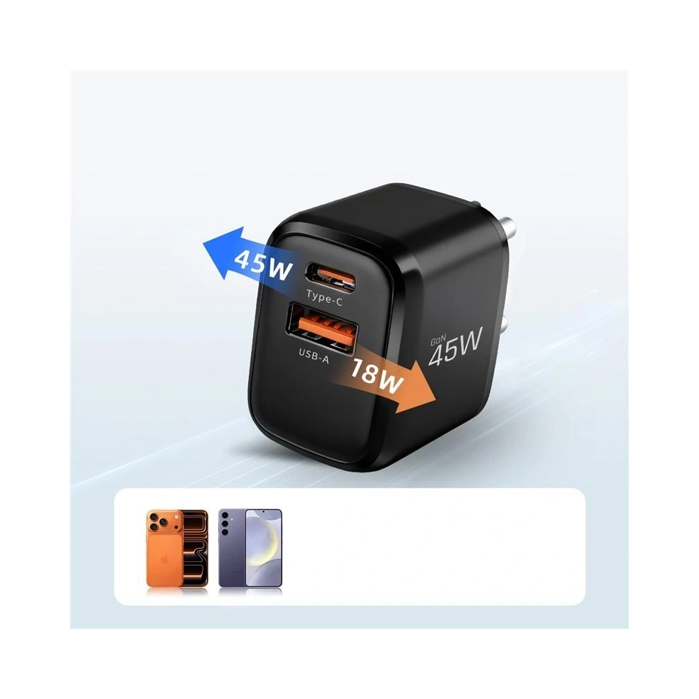 Ładowarka sieciowa Tech-Protect NCA45W-GAN USB-A, USB-C Network Charger PD 45W / QC3.0 + USB-C Cable Black