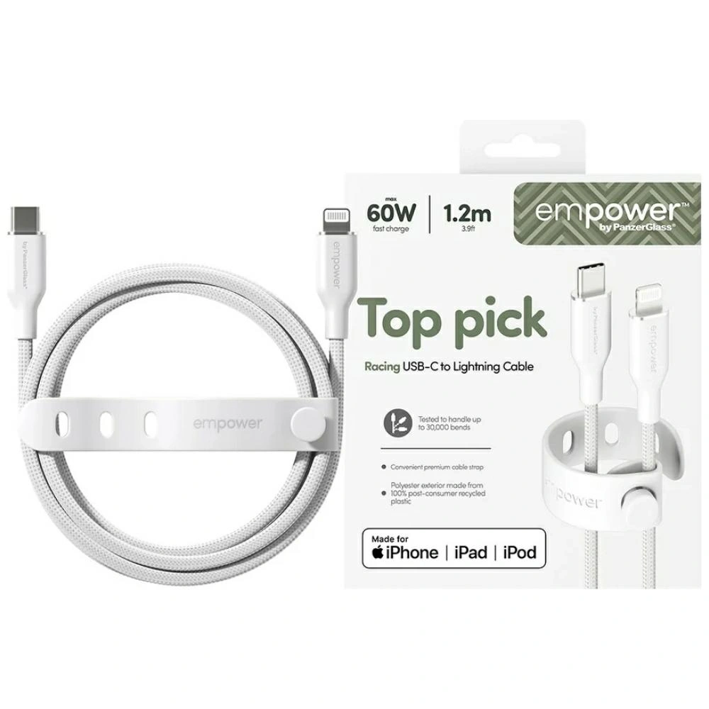 Kabel Empower by PanzerGlass Racing 60W USB-C / Lightning 1.2m srebrno-biały
