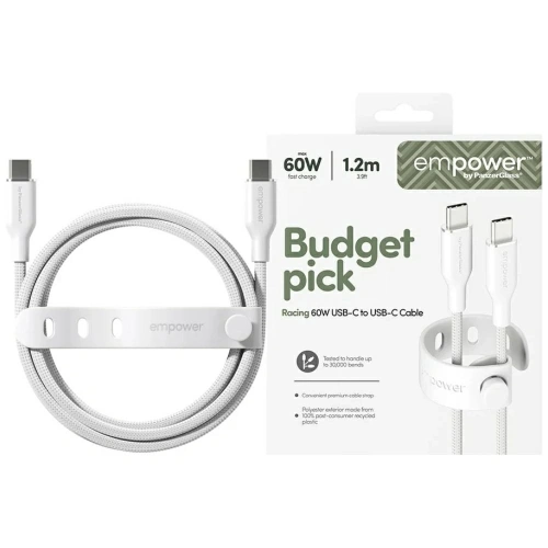 Kabel Empower by PanzerGlass Racing 60W USB-C / USB-C 1.2m srebrno-biały