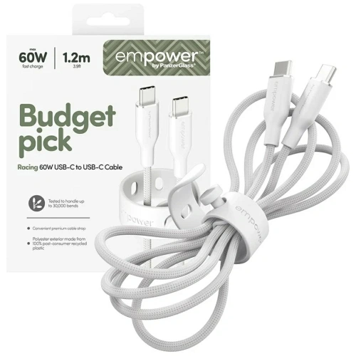 Kabel Empower by PanzerGlass Racing 60W USB-C / USB-C 1.2m srebrno-biały