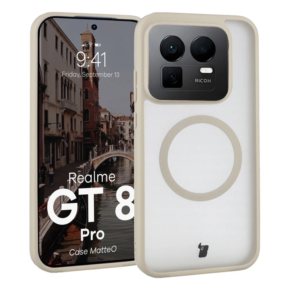 Etui z pierścieniem magnetycznym Bizon Case MatteO do Realme GT 8 Pro przydymione-beżowe