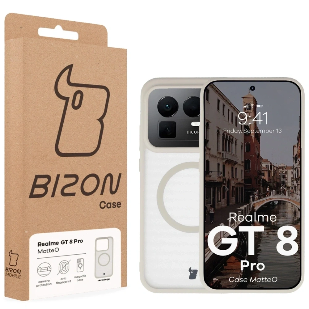 Etui z pierścieniem magnetycznym Bizon Case MatteO do Realme GT 8 Pro przydymione-beżowe