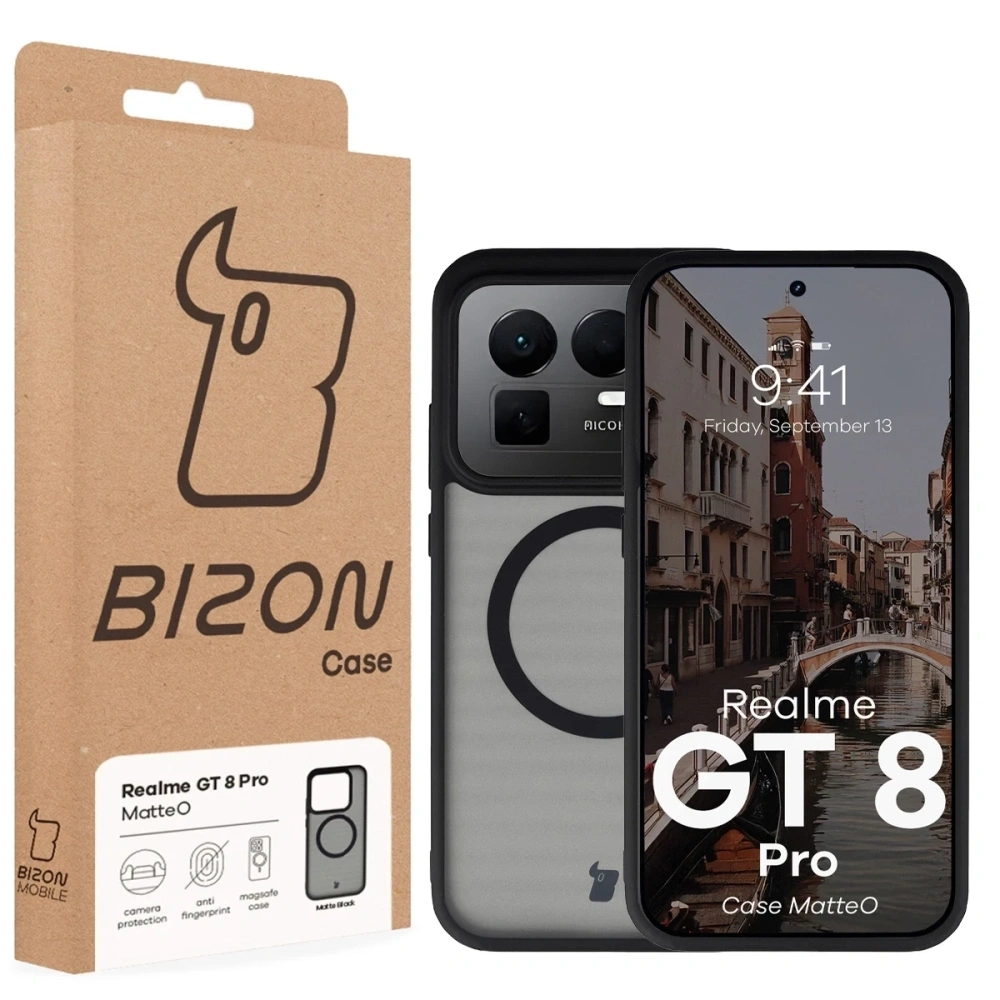 Etui z pierścieniem magnetycznym Bizon Case MatteO do Realme GT 8 Pro przydymione-czarne