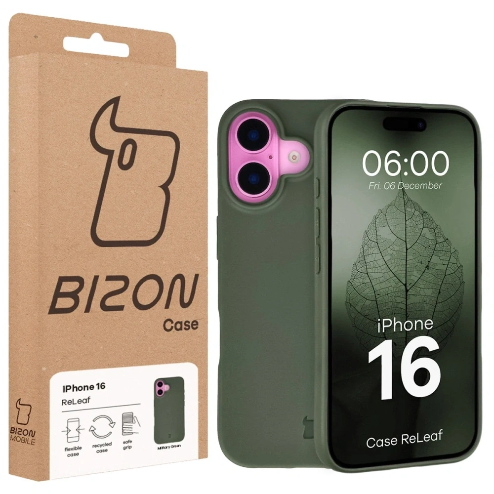 Etui z recyklingu Bizon Case ReLeaf do Apple iPhone 16 ciemnozielone